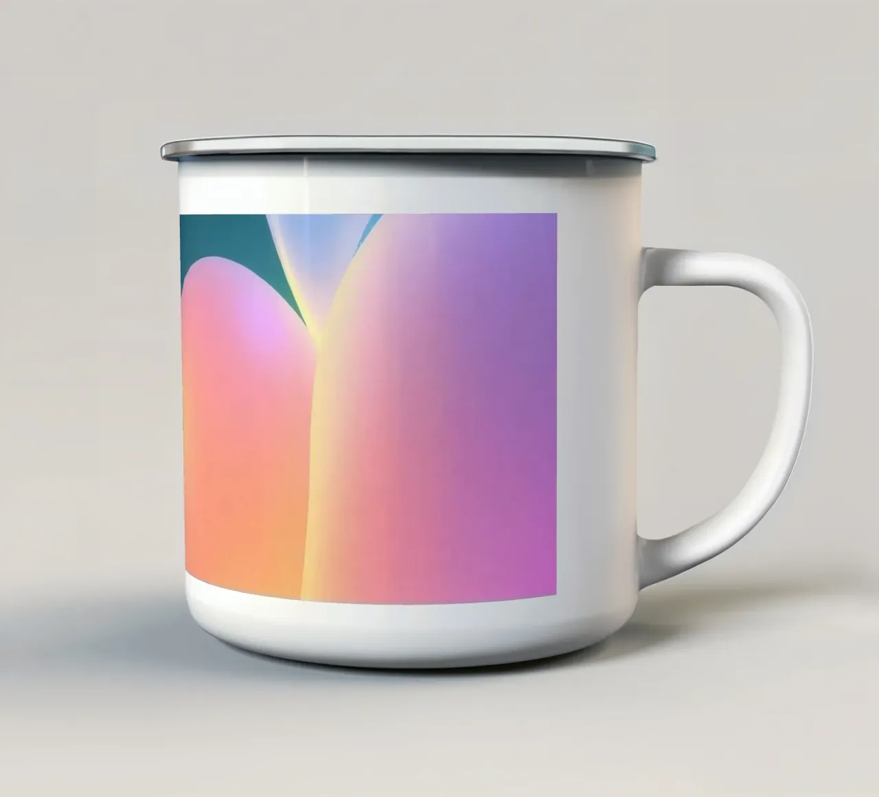 oplichtende abstracte vormen in blauw-, roze- en oranjetinten emaille mok van DesignDoodle