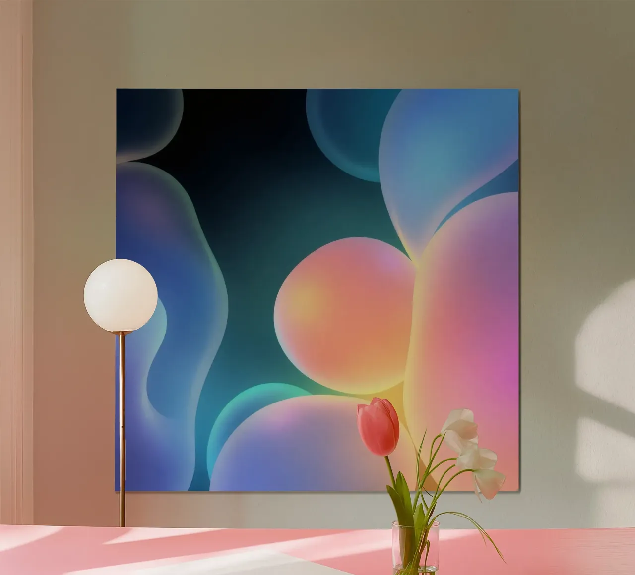 oplichtende abstracte vormen in blauw-, roze- en oranjetinten hahnemühle van DesignDoodle