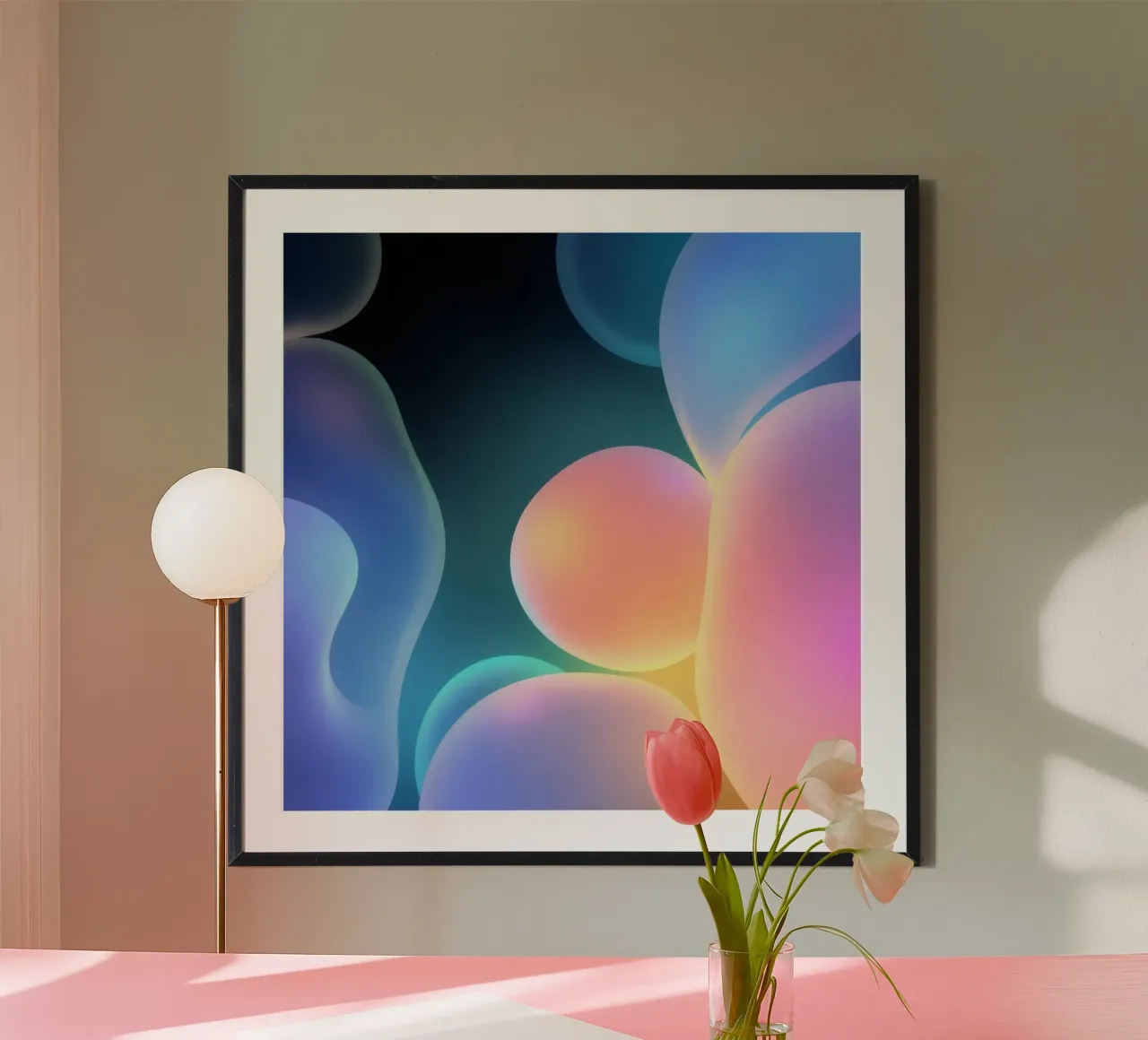 oplichtende abstracte vormen in blauw-, roze- en oranjetinten hahnemühle van DesignDoodle