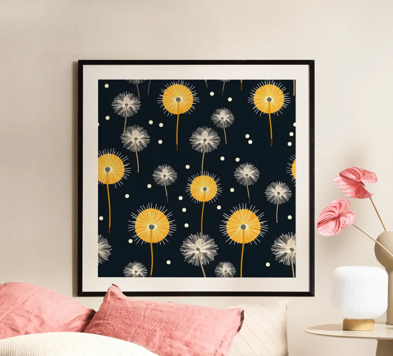 Dente di leone di mezzanotte poster con telaio in alluminio da Botanical Pattern House