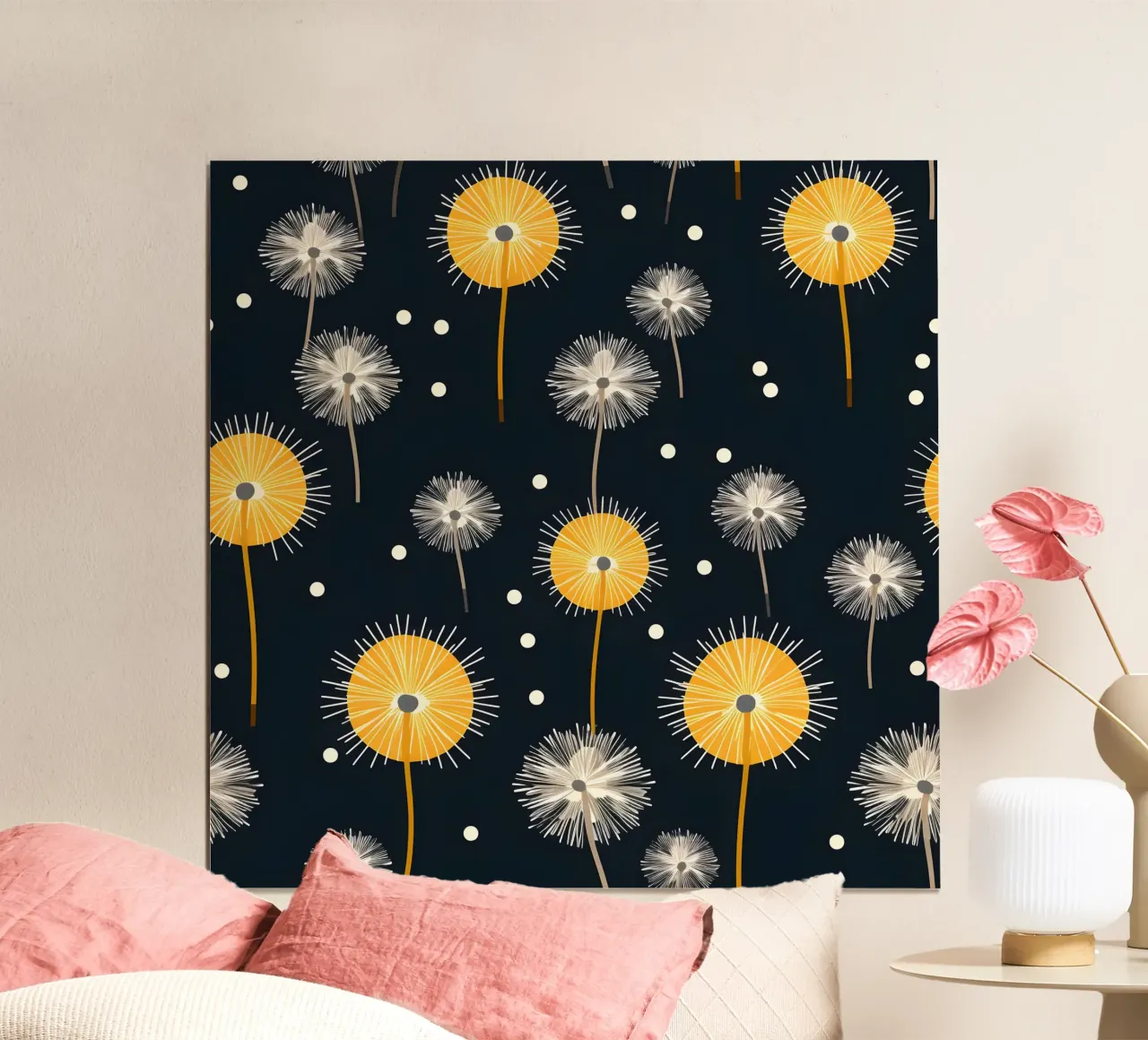 Dente di leone di mezzanotte poster con telaio in alluminio da Botanical Pattern House