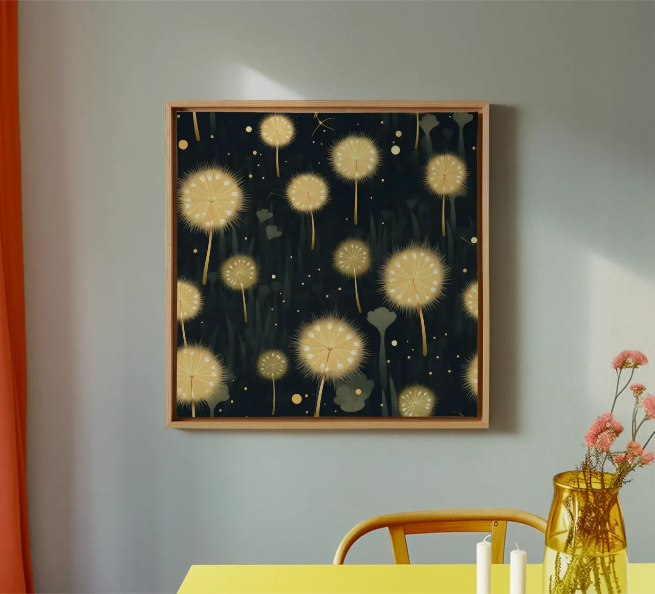 Mitternachtslöwenzahn Leinwand mit Schattenfugenrahmen von Botanical Pattern House
