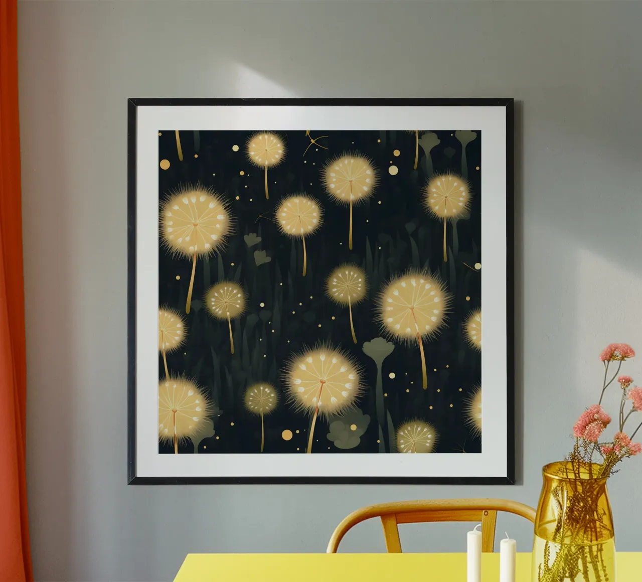 Dente di leone di mezzanotte poster con telaio in alluminio da Botanical Pattern House