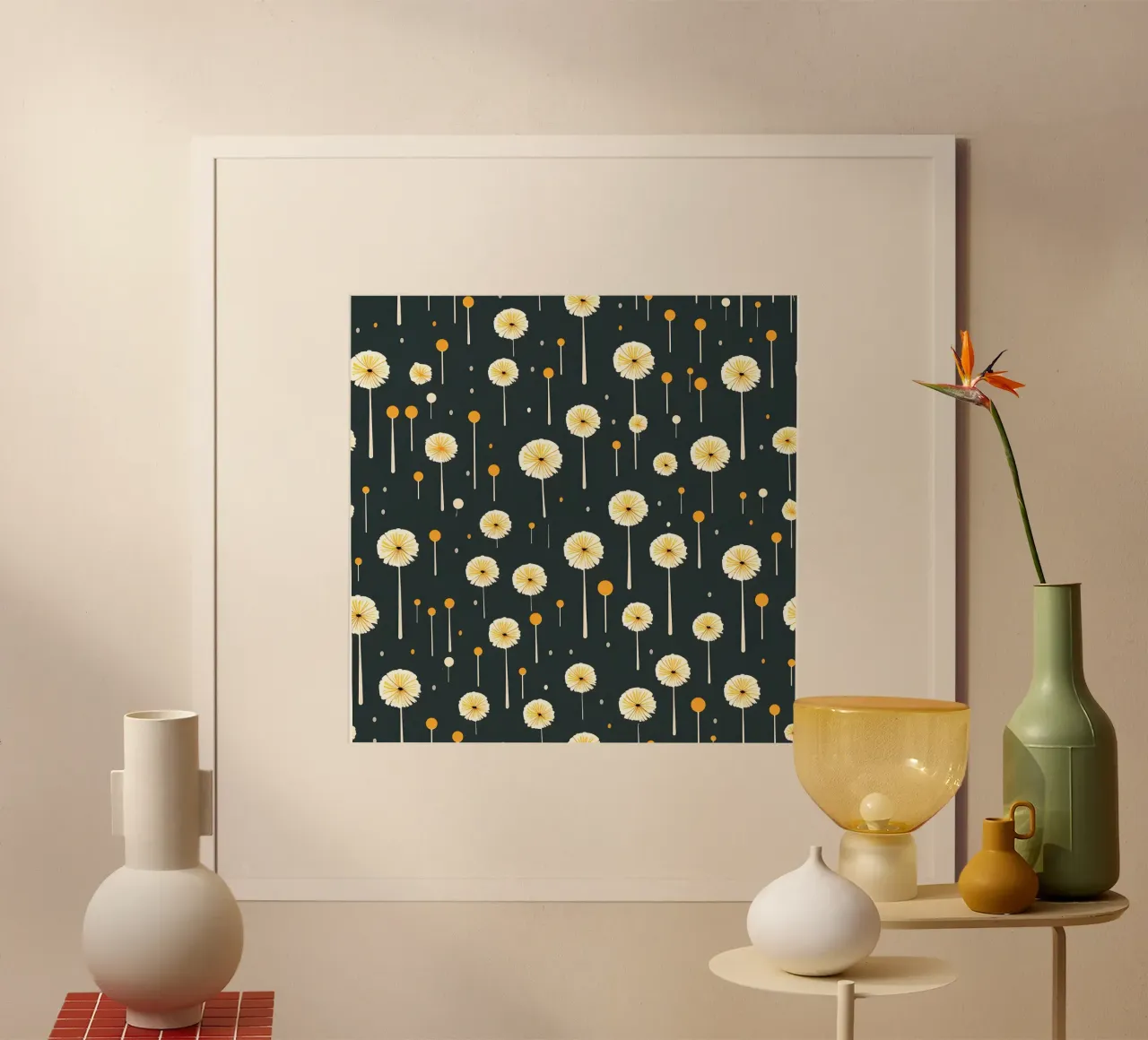 Dente di leone di mezzanotte poster con telaio in plastica da Botanical Pattern House