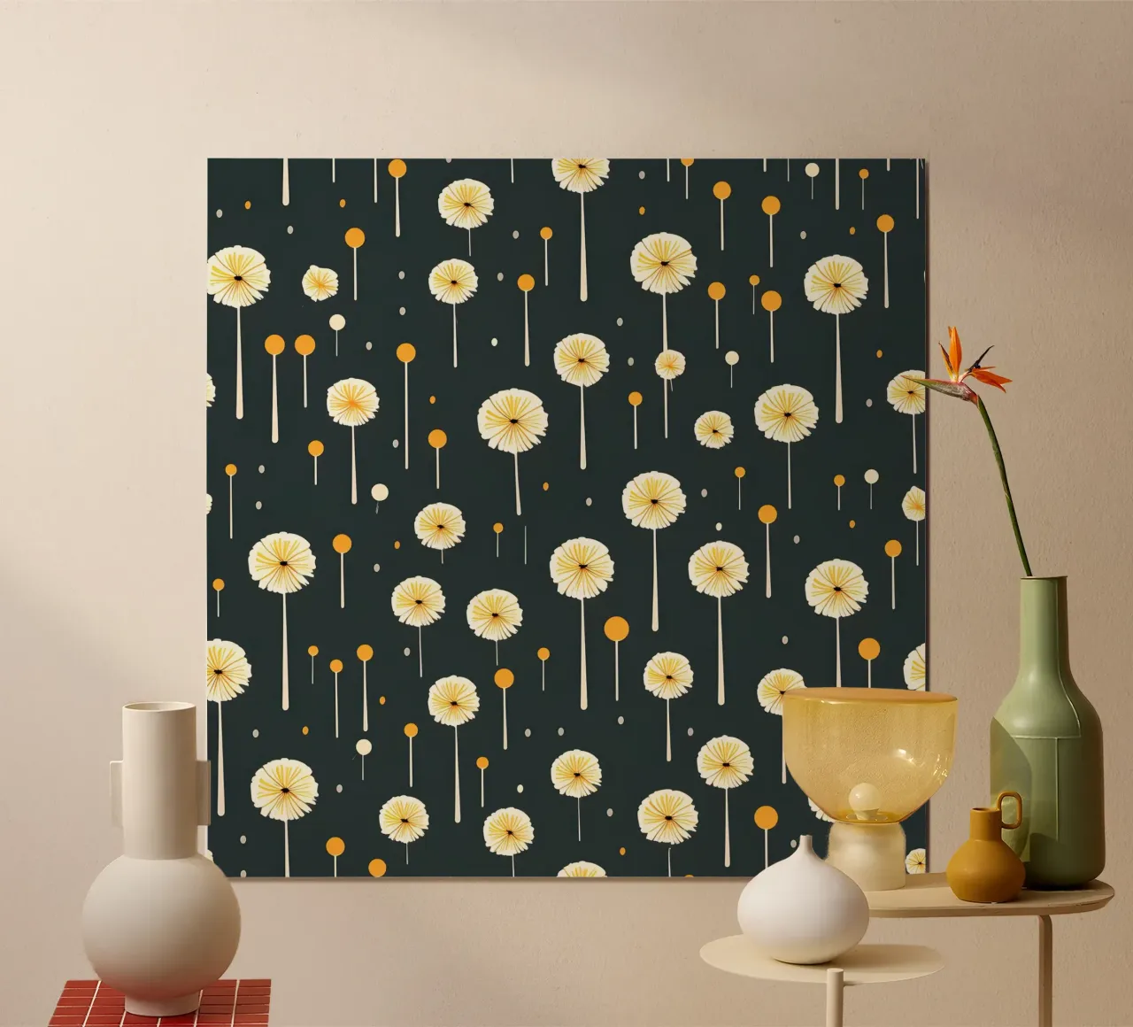Dente di leone di mezzanotte poster con telaio in plastica da Botanical Pattern House