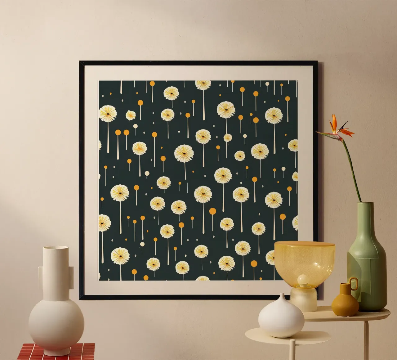 Dente di leone di mezzanotte poster con telaio in plastica da Botanical Pattern House