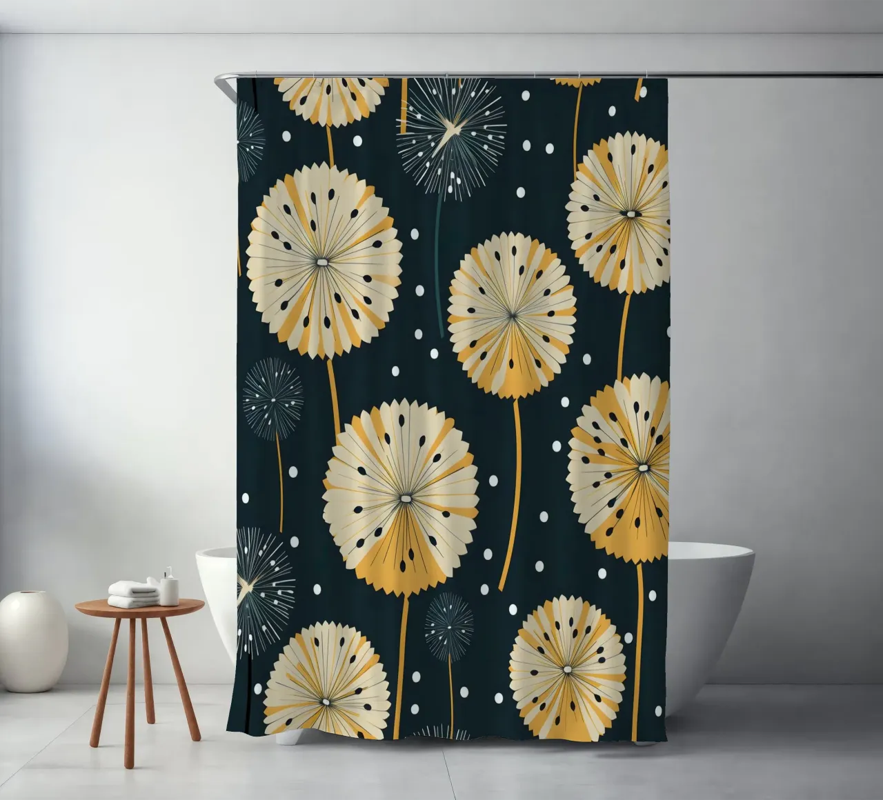 Midnight Dandelions shower curtain by Botanical Pattern House