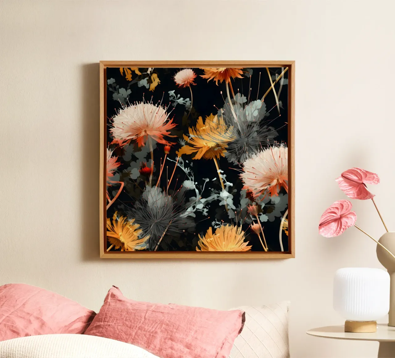 Moody Dandelions canvas with Floater frame by Botanical Pattern House