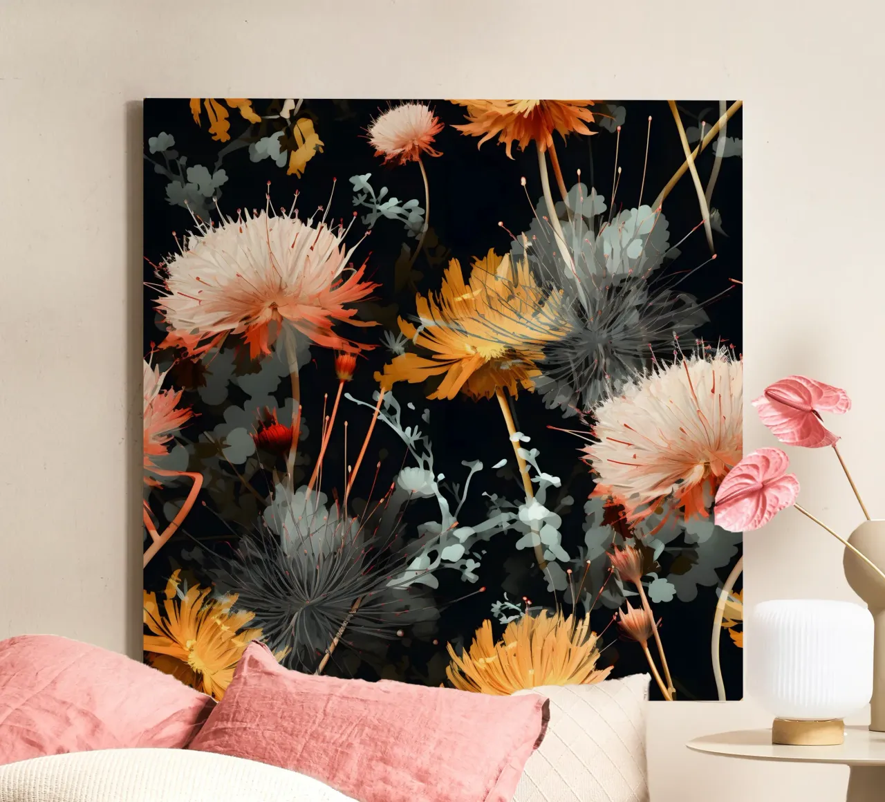 Moody Dandelions canvas with Floater frame by Botanical Pattern House