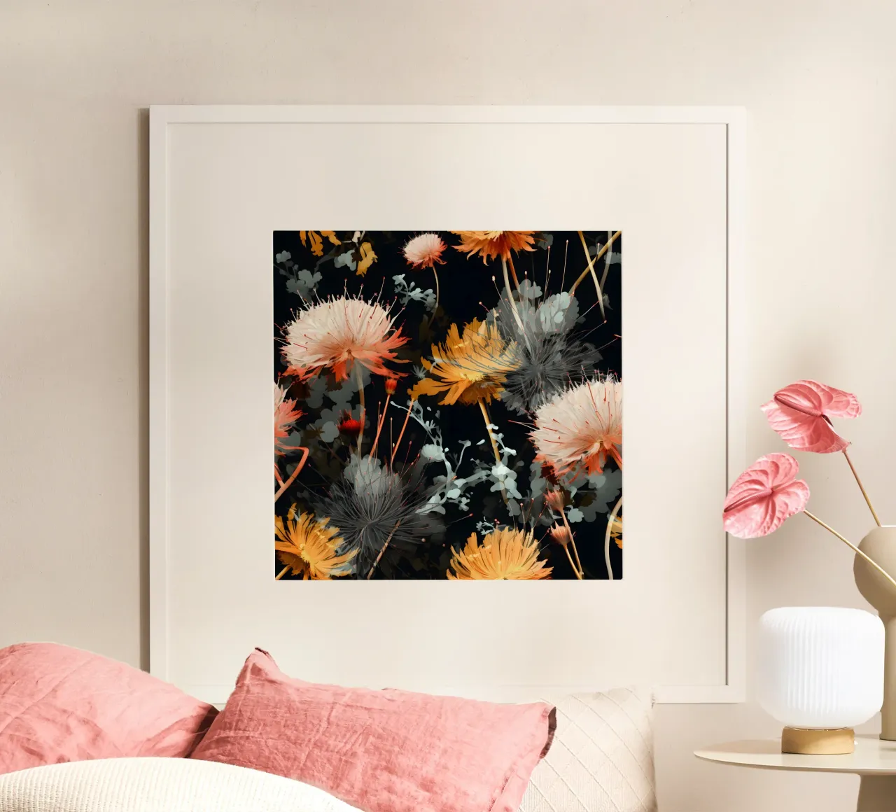 Dente di leone lunatico poster con telaio in alluminio da Botanical Pattern House