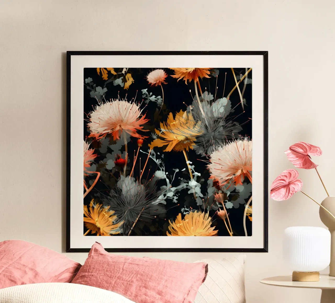 Dente di leone lunatico poster con telaio in alluminio da Botanical Pattern House