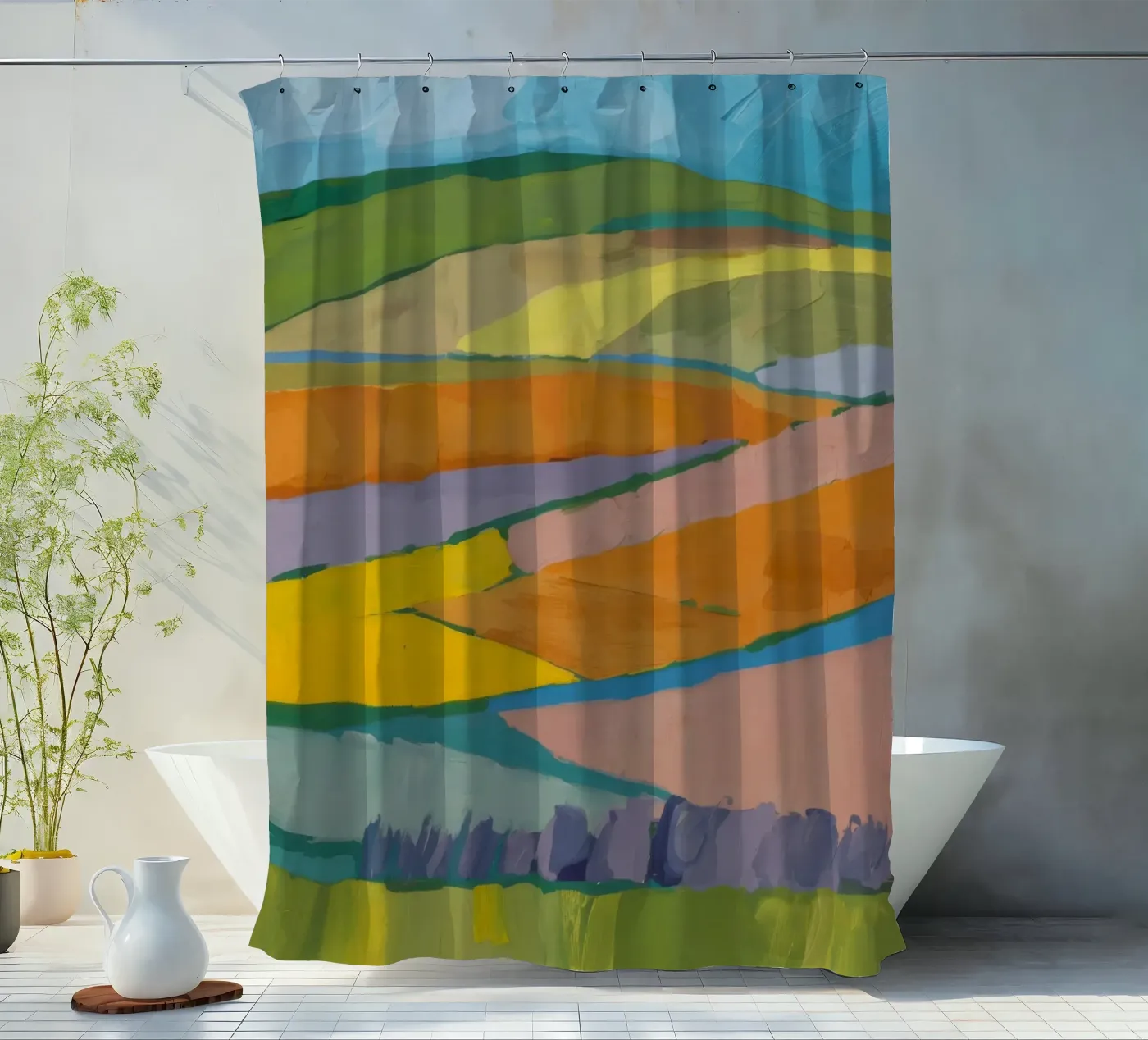 Patchwork Feldträume Duschvorhang von Mystic Grain