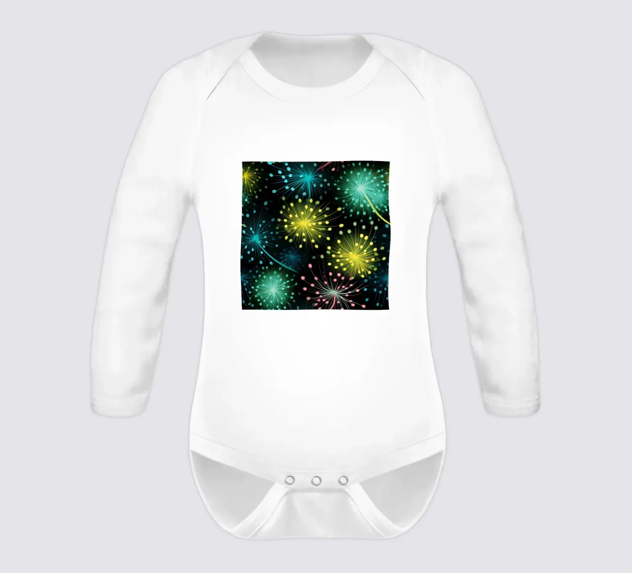 Neon Dandelions long-sleeve baby romper by Botanical Pattern House