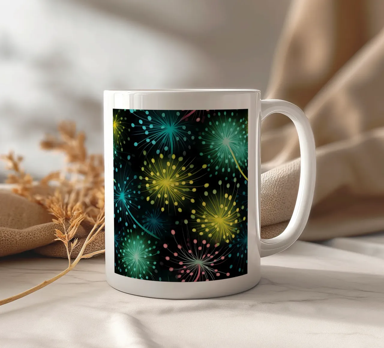 Neon Dandelions ceramic mug by Botanical Pattern House