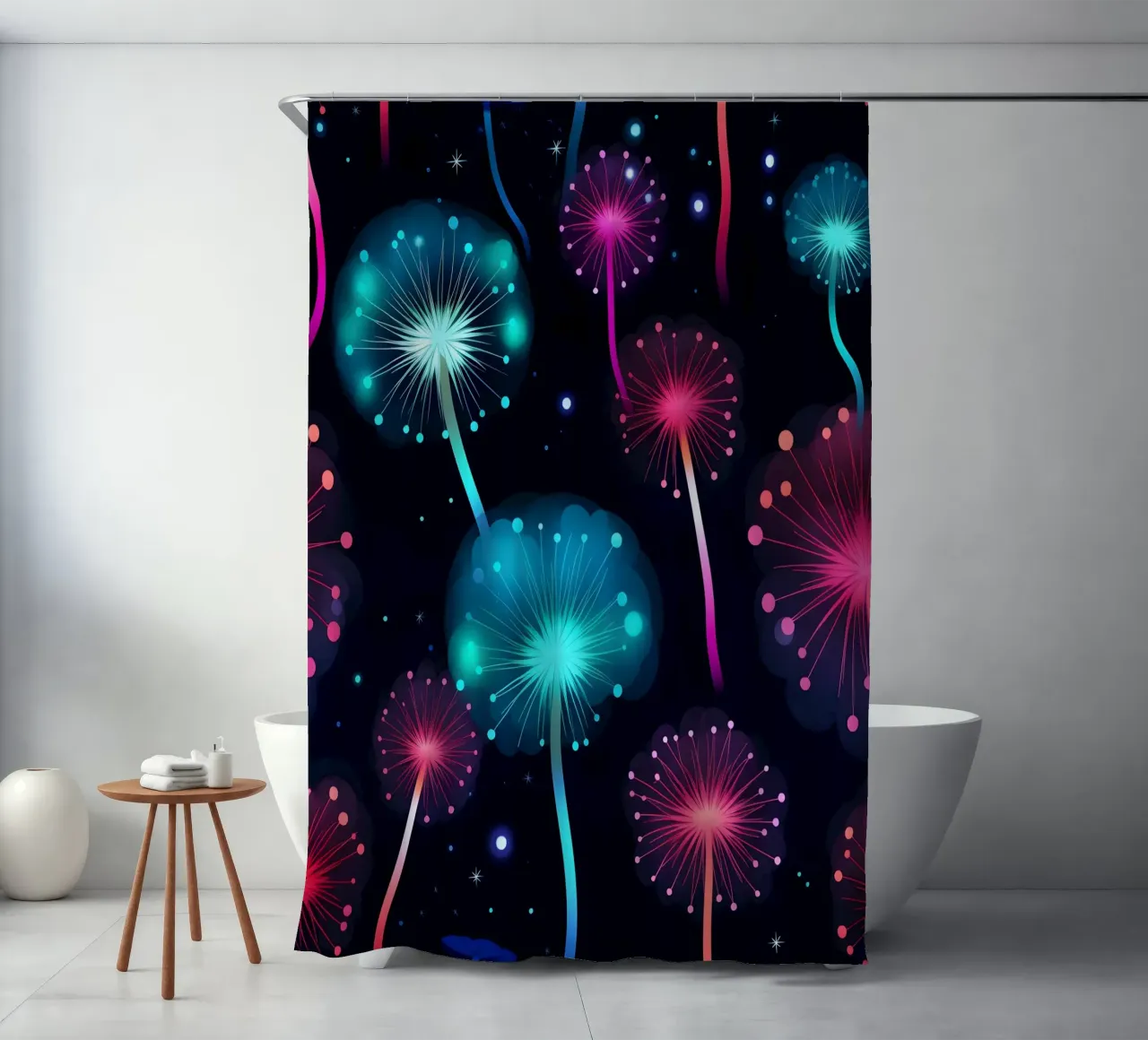 Neon Dandelions shower curtain by Botanical Pattern House