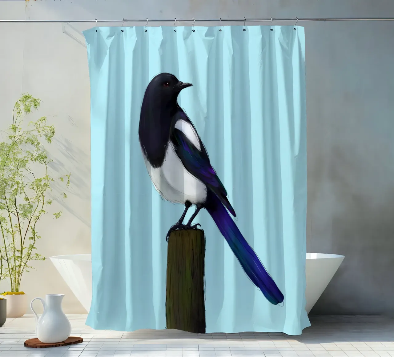 Magpie on Post shower curtain by BwiseLizzy