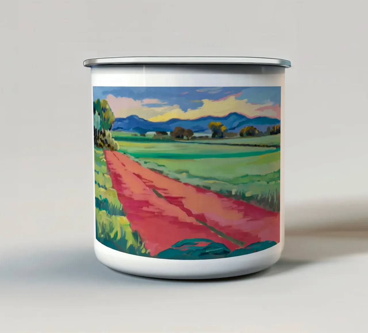 Sentiero di campagna al tramonto tazza in smalto da Mystic Grain