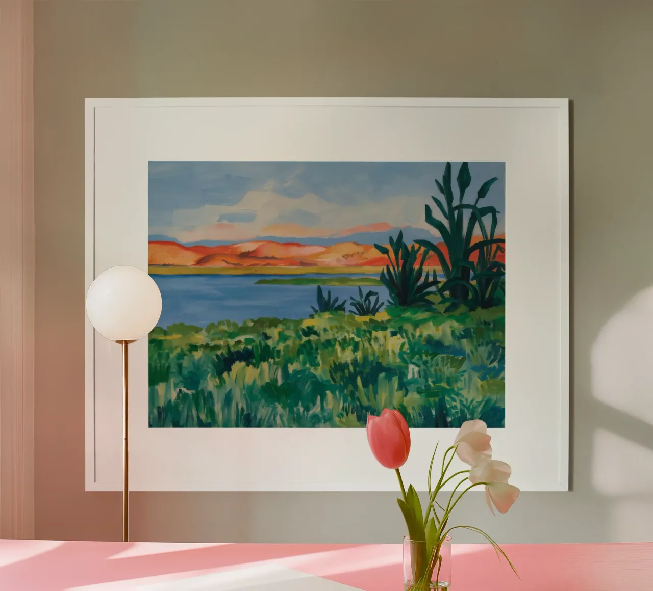 Tranquillité de la vue du lac poster avec cadre en bois de Mystic Grain