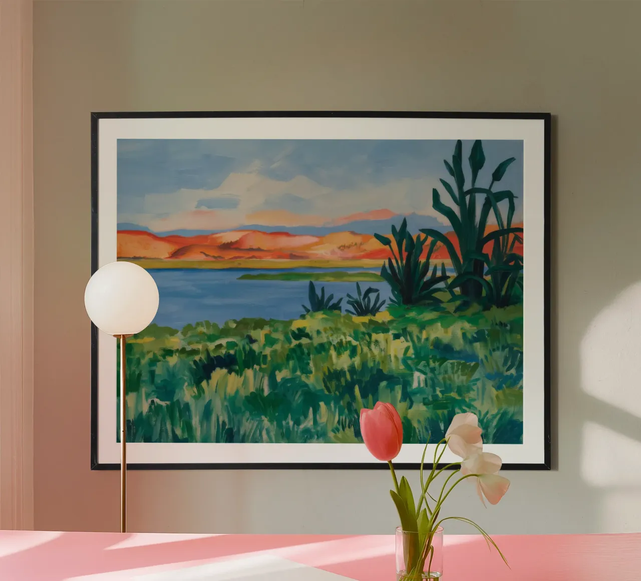 Tranquillité de la vue du lac poster avec cadre en bois de Mystic Grain