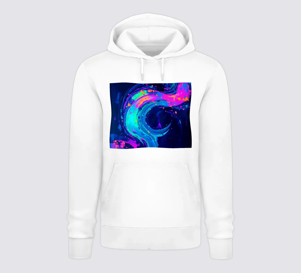 abstract swirl with neon hues creating motion in a dark back hoodie by DesignDoodle
