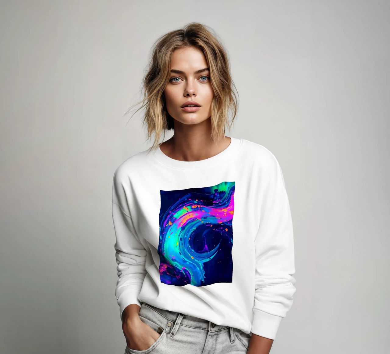 abstract swirl with neon hues creating motion in a dark back sweatshirt by DesignDoodle