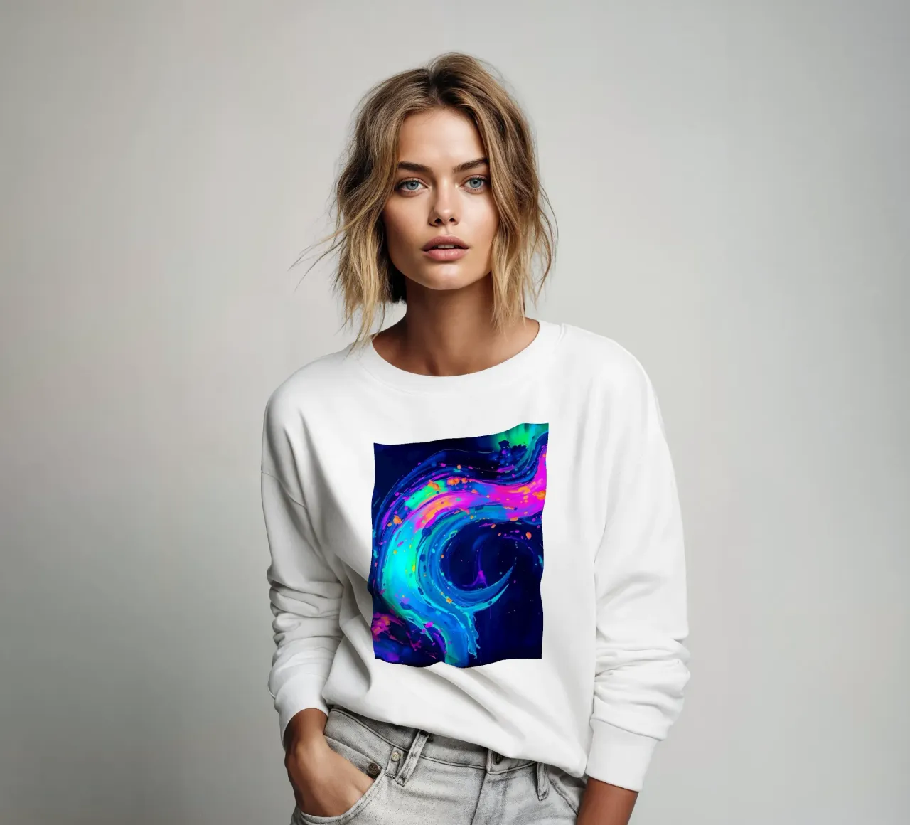 abstract swirl with neon hues creating motion in a dark back sweatshirt by DesignDoodle