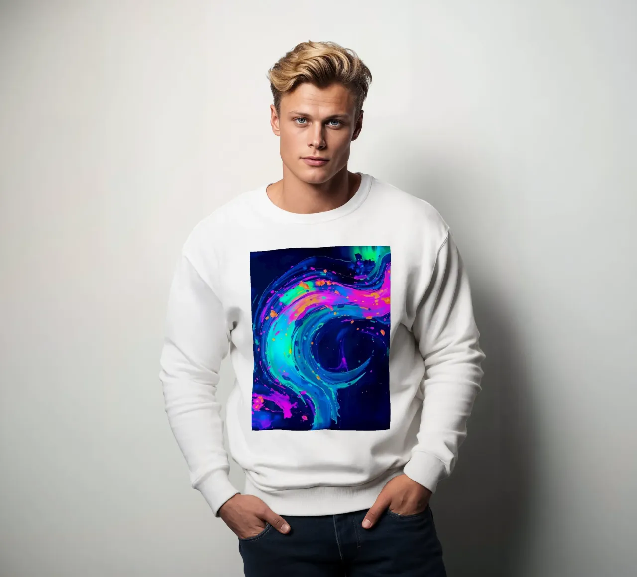 abstract swirl with neon hues creating motion in a dark back sweatshirt by DesignDoodle