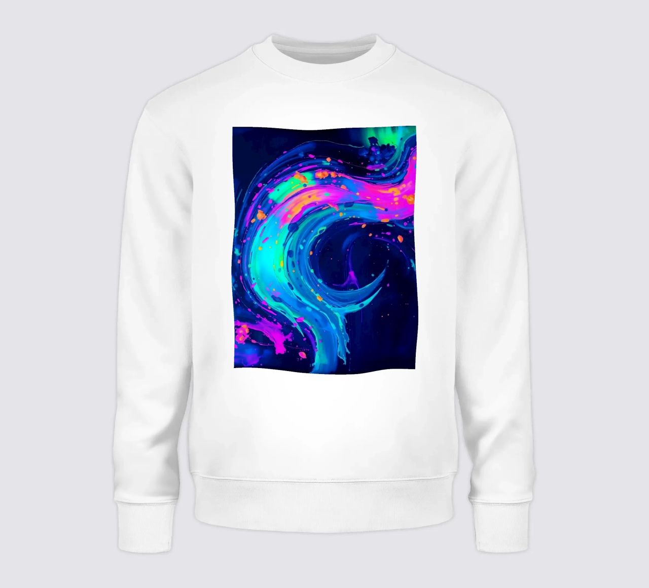 abstract swirl with neon hues creating motion in a dark back sweatshirt by DesignDoodle