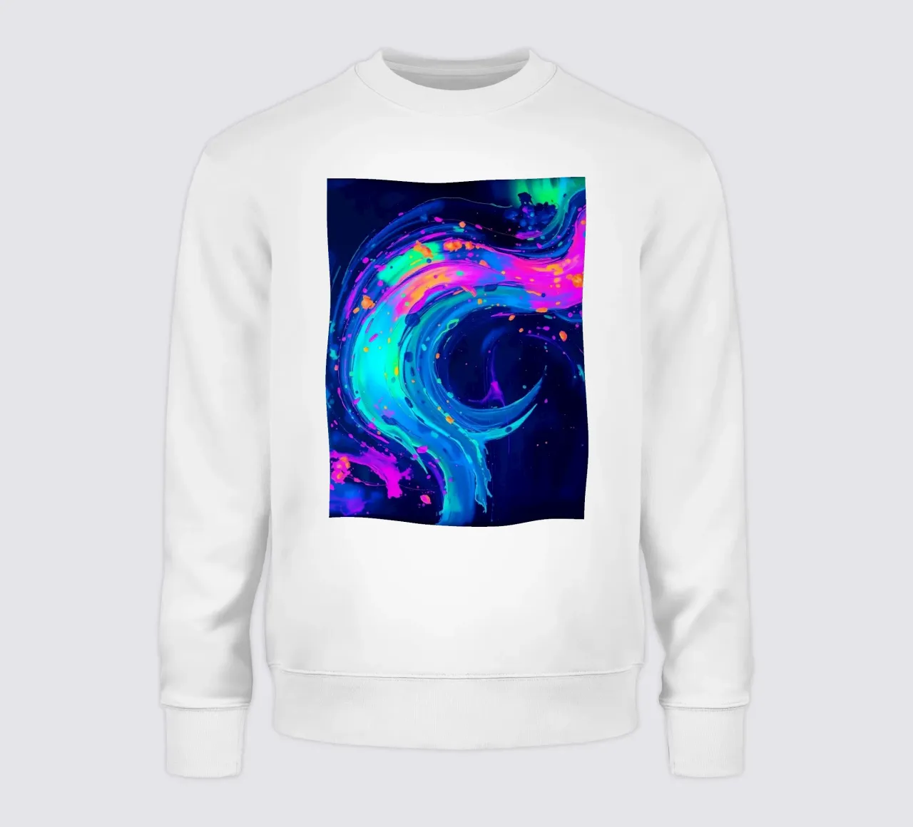 abstract swirl with neon hues creating motion in a dark back sweatshirt by DesignDoodle