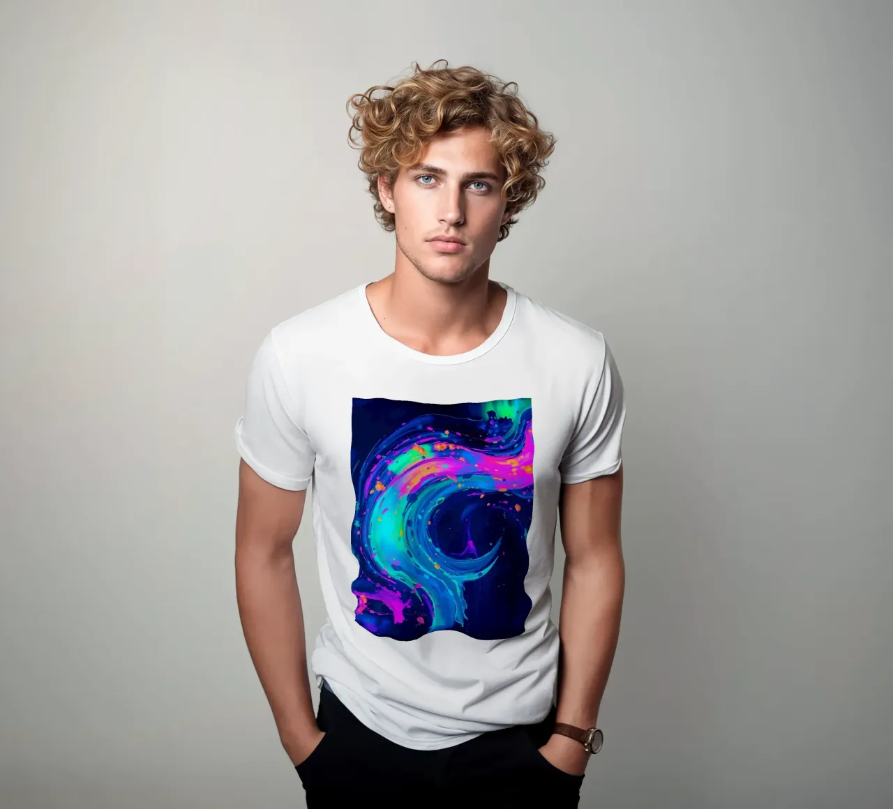 abstract swirl with neon hues creating motion in a dark back t-shirt by DesignDoodle