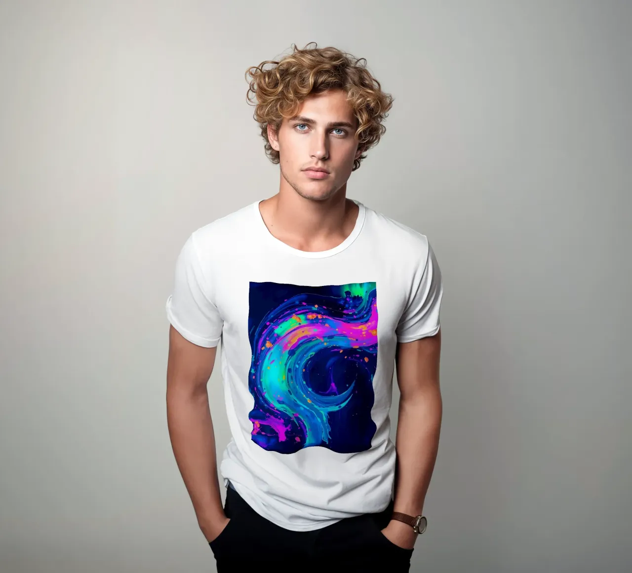 tourbillon abstrait avec des teintes néon créant un mouvement dans un fond sombre t-shirt de DesignDoodle