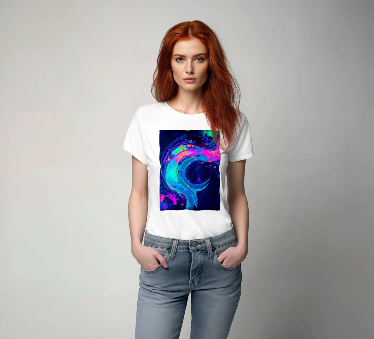 abstract swirl with neon hues creating motion in a dark back t-shirt by DesignDoodle