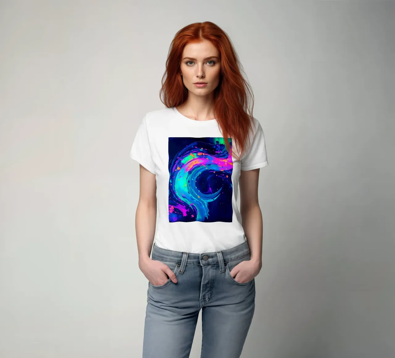 abstract swirl with neon hues creating motion in a dark back t-shirt by DesignDoodle
