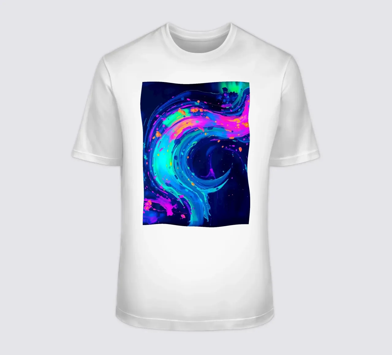 abstract swirl with neon hues creating motion in a dark back t-shirt by DesignDoodle