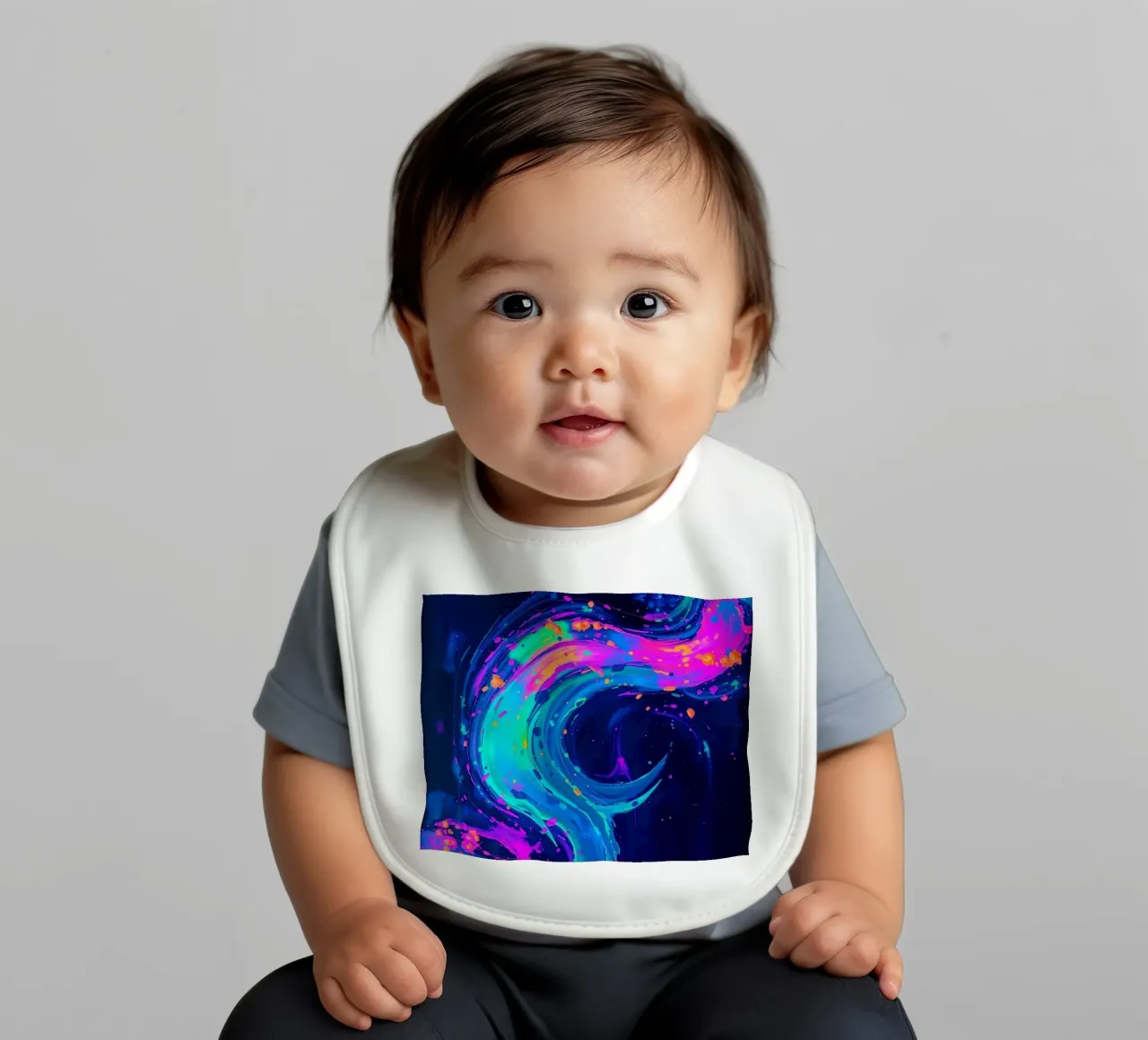 abstract swirl with neon hues creating motion in a dark back baby bib by DesignDoodle