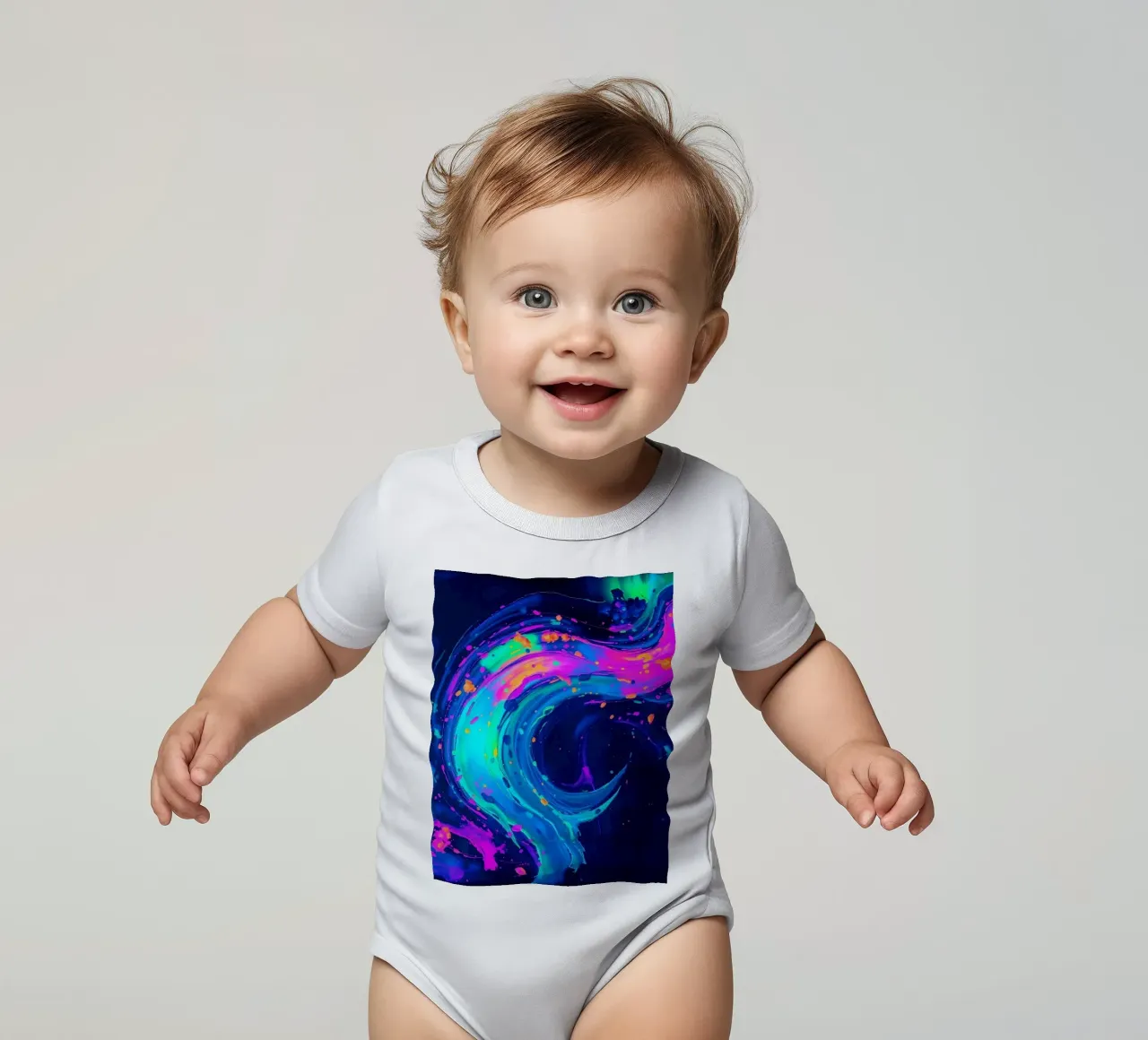 tourbillon abstrait avec des teintes néon créant un mouvement dans un fond sombre body bébé de DesignDoodle