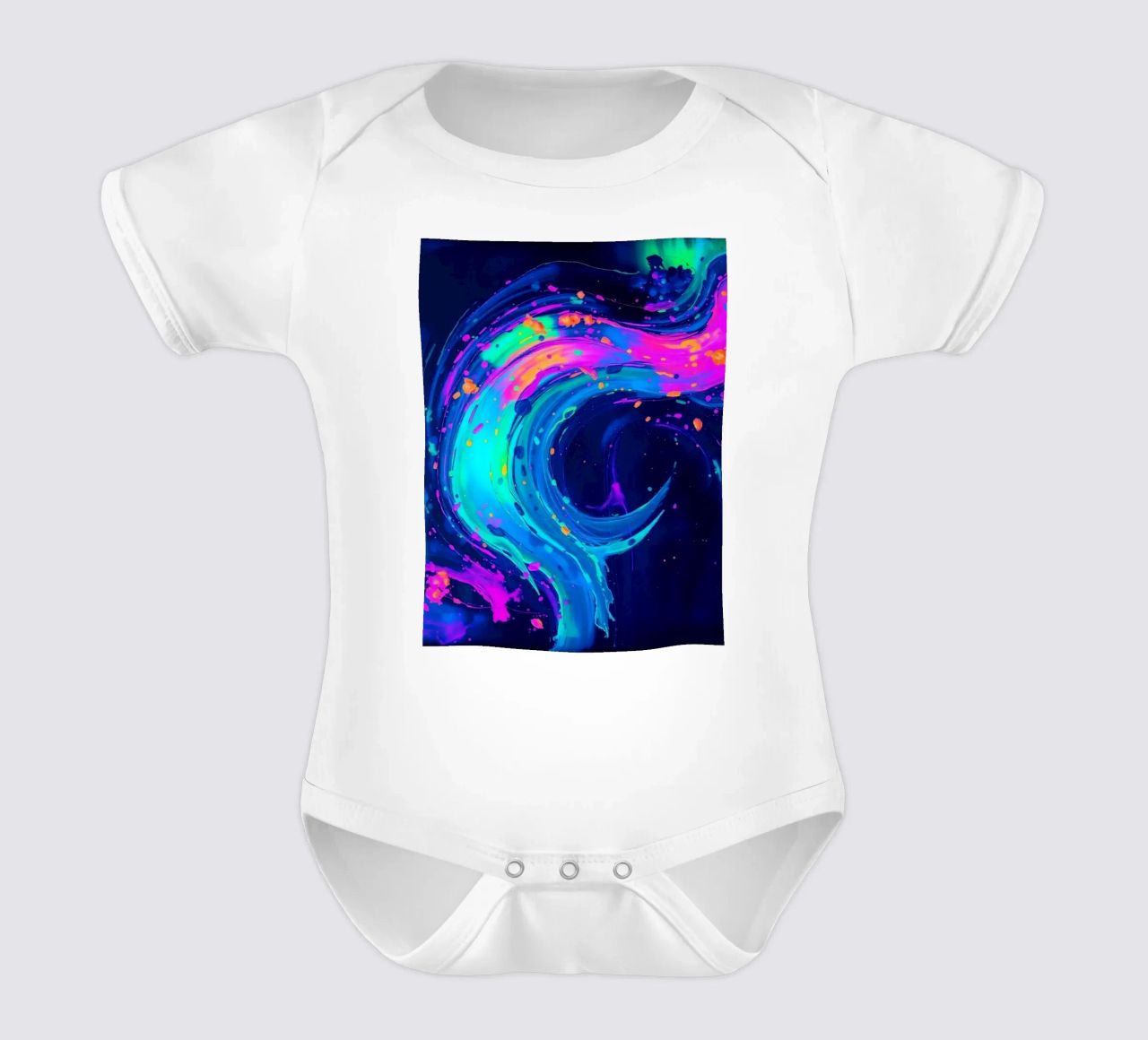 abstract swirl with neon hues creating motion in a dark back short-sleeve baby romper by DesignDoodle