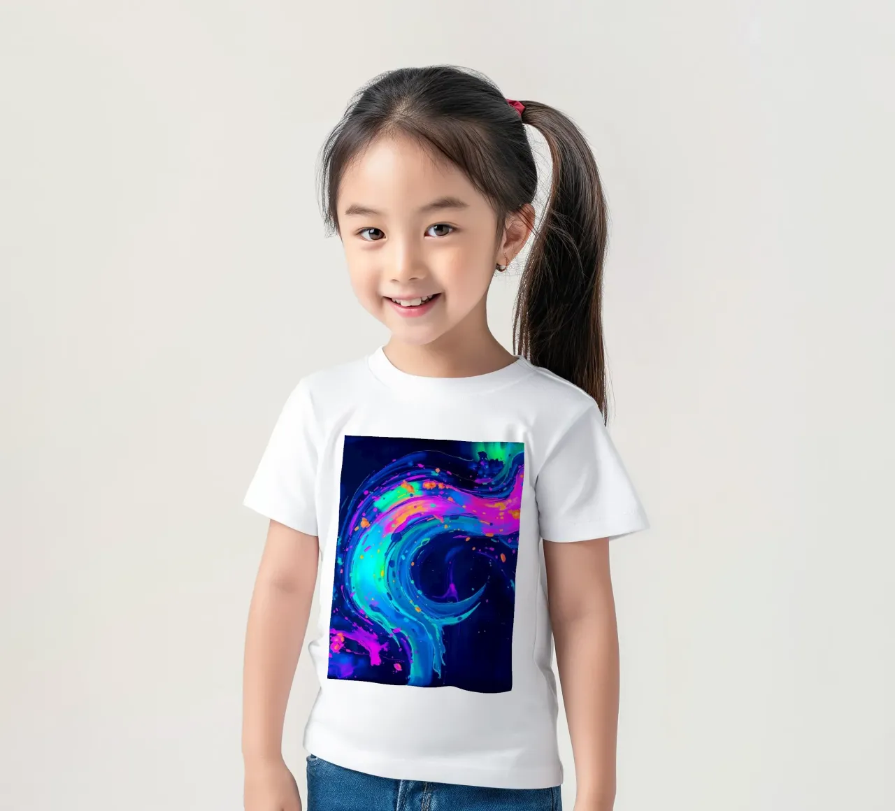 abstract swirl with neon hues creating motion in a dark back kids t-shirt by DesignDoodle
