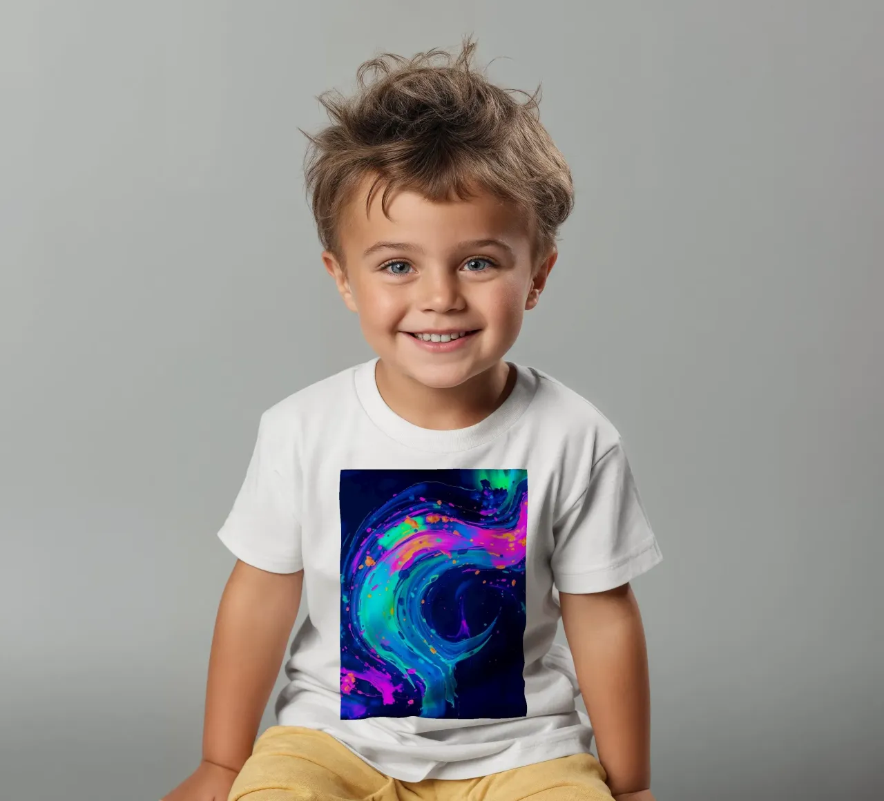 abstract swirl with neon hues creating motion in a dark back kids t-shirt by DesignDoodle