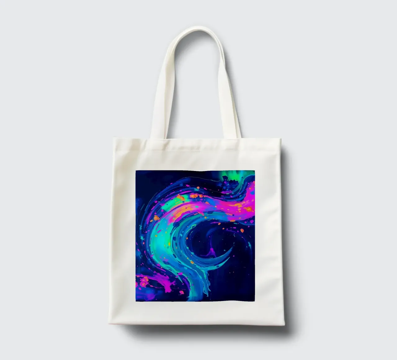 abstract swirl with neon hues creating motion in a dark back tote bag by DesignDoodle