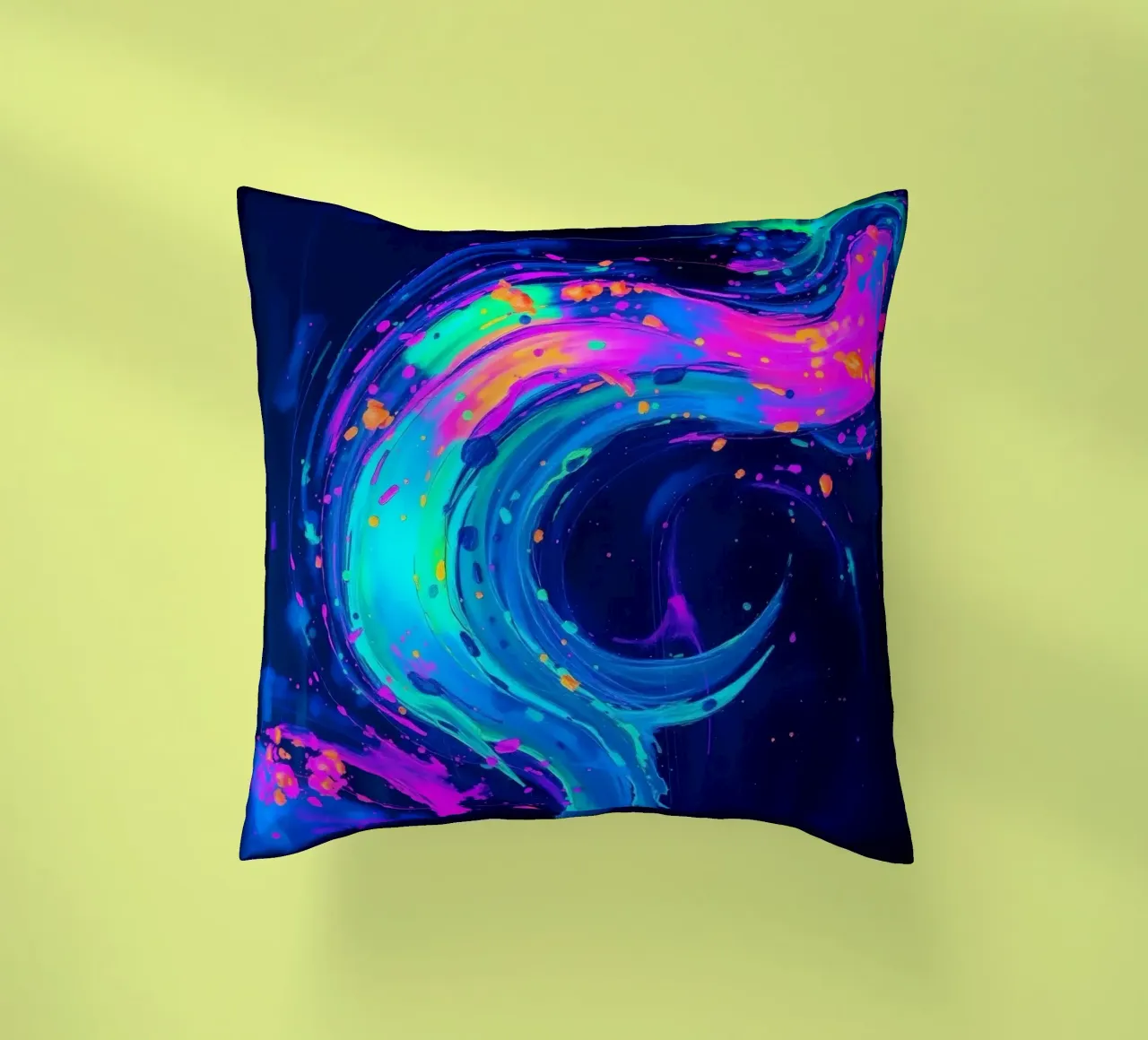 abstract swirl with neon hues creating motion in a dark back decorative cushion by DesignDoodle