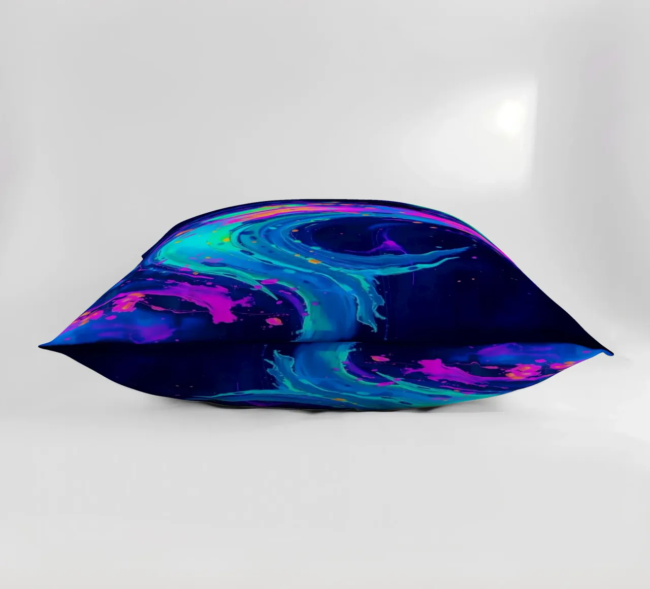 abstract swirl with neon hues creating motion in a dark back decorative cushion by DesignDoodle