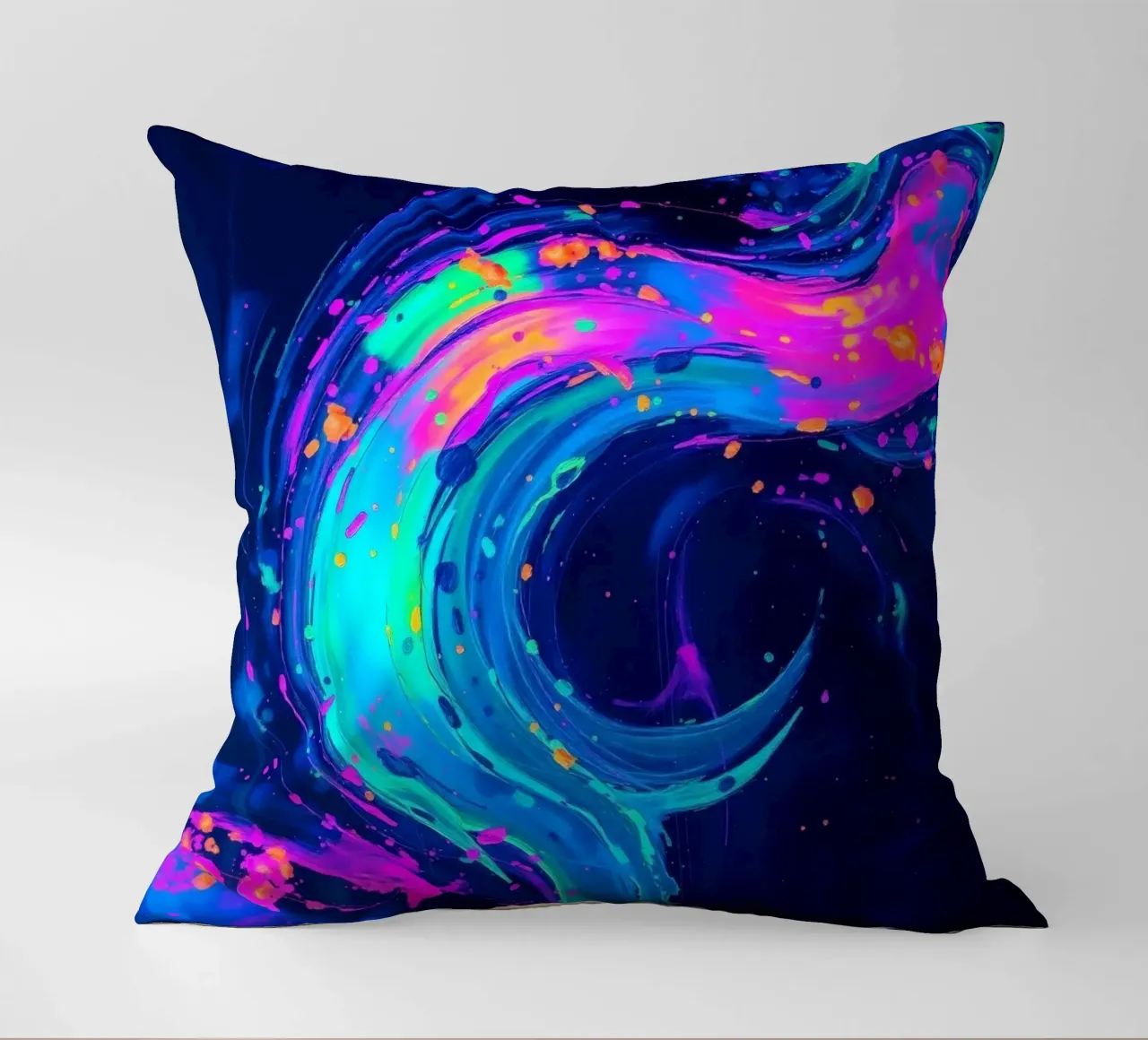 abstract swirl with neon hues creating motion in a dark back decorative cushion by DesignDoodle