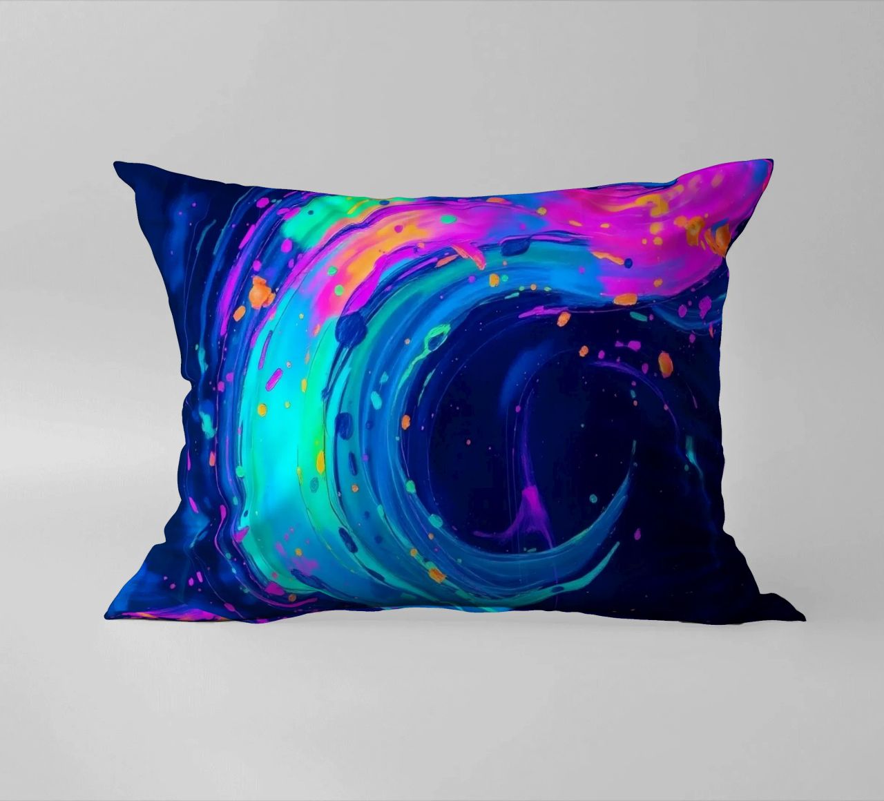 abstract swirl with neon hues creating motion in a dark back decorative cushion by DesignDoodle