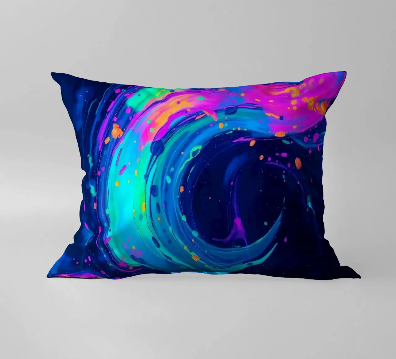 abstract swirl with neon hues creating motion in a dark back decorative cushion by DesignDoodle