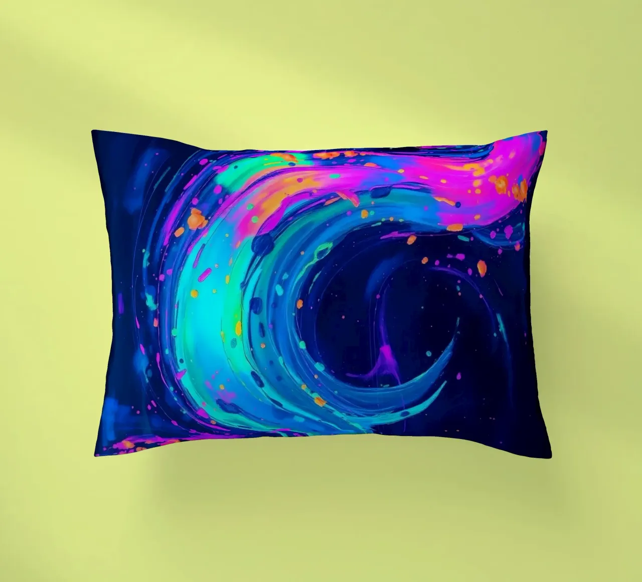 abstract swirl with neon hues creating motion in a dark back decorative cushion by DesignDoodle