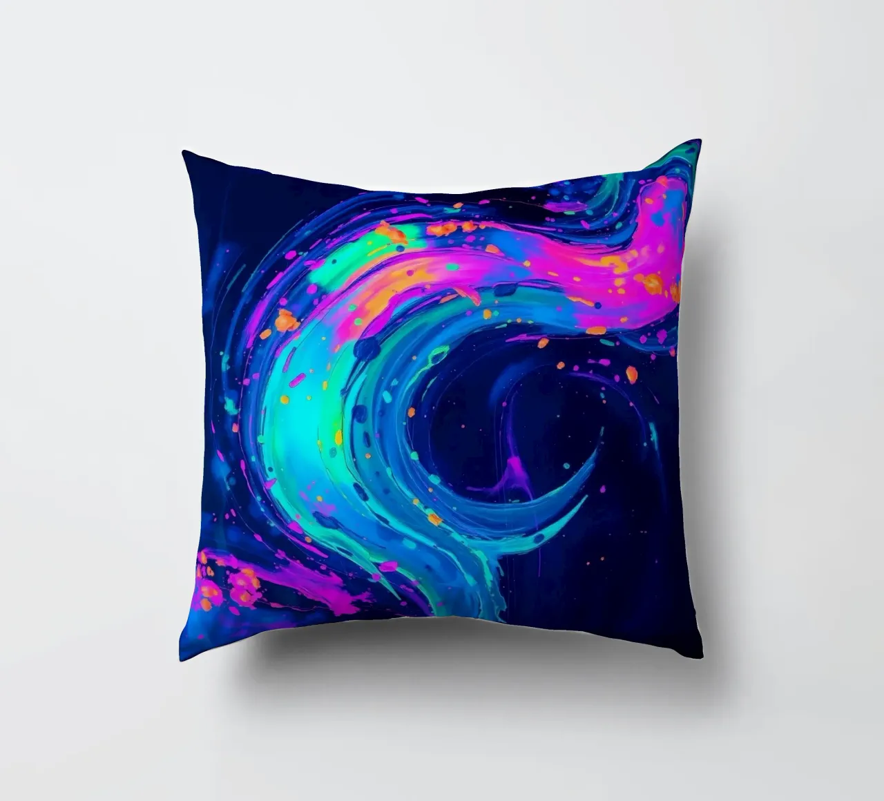 abstract swirl with neon hues creating motion in a dark back decorative cushion by DesignDoodle