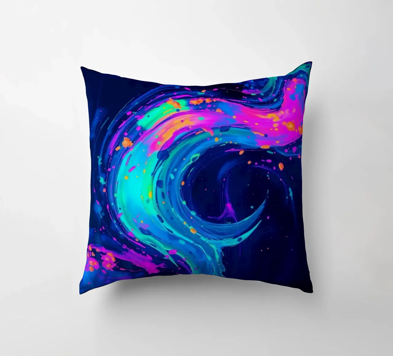 abstract swirl with neon hues creating motion in a dark back decorative cushion by DesignDoodle