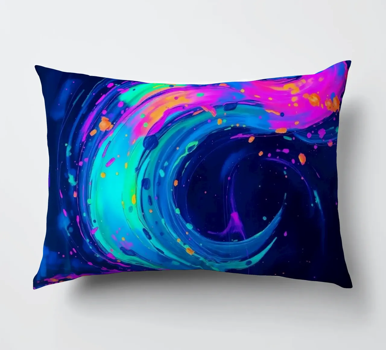 abstract swirl with neon hues creating motion in a dark back decorative cushion by DesignDoodle