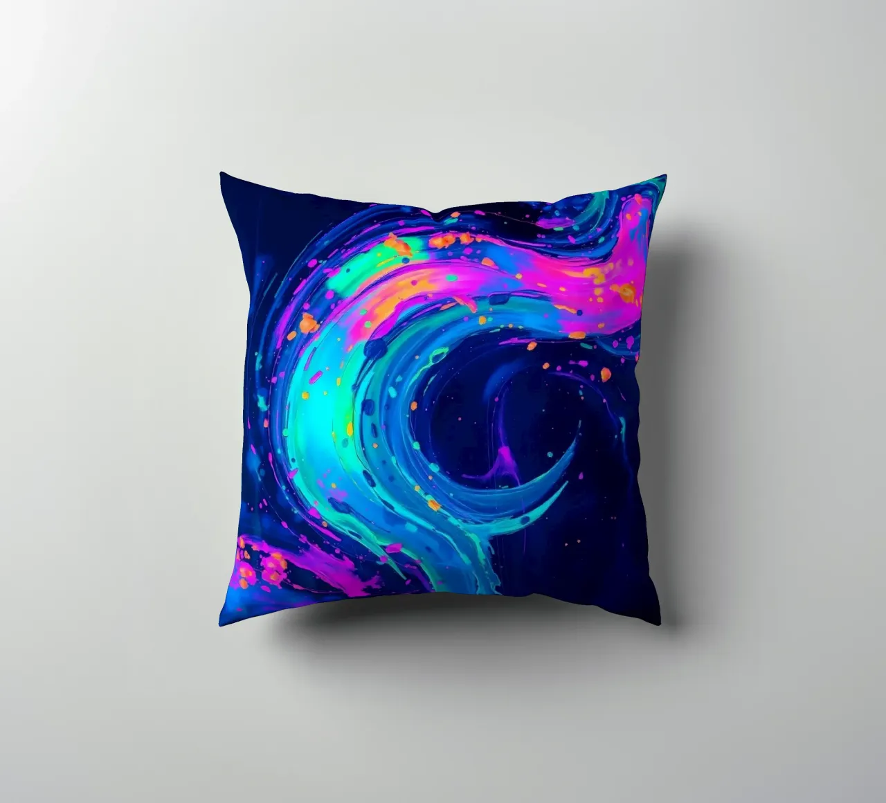 abstract swirl with neon hues creating motion in a dark back decorative cushion by DesignDoodle